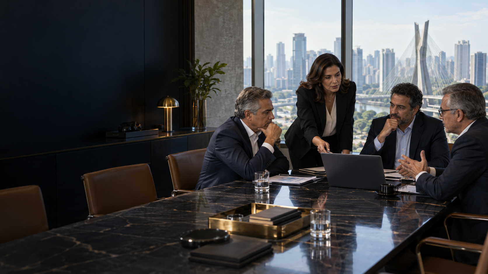 Lideranças financeiras em reunião executiva